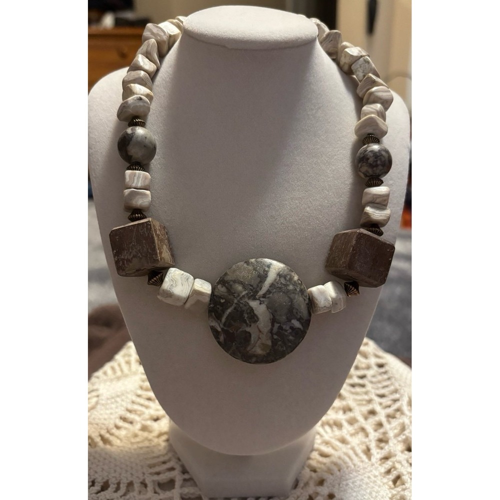 Artisan Natural Stone Statement Necklace - Jasper & Marble boho vintage stone